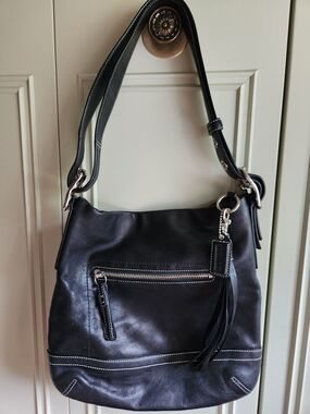 COACH Black Leather Shoulder Bag with Tassel